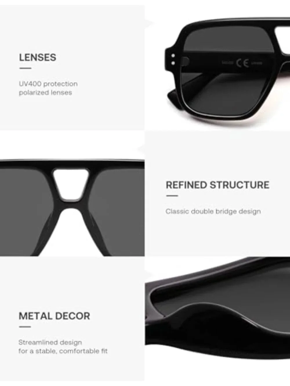 Retro Square Polarized Aviator Sunglasses UV400 TAC Lens Oversized Unisex